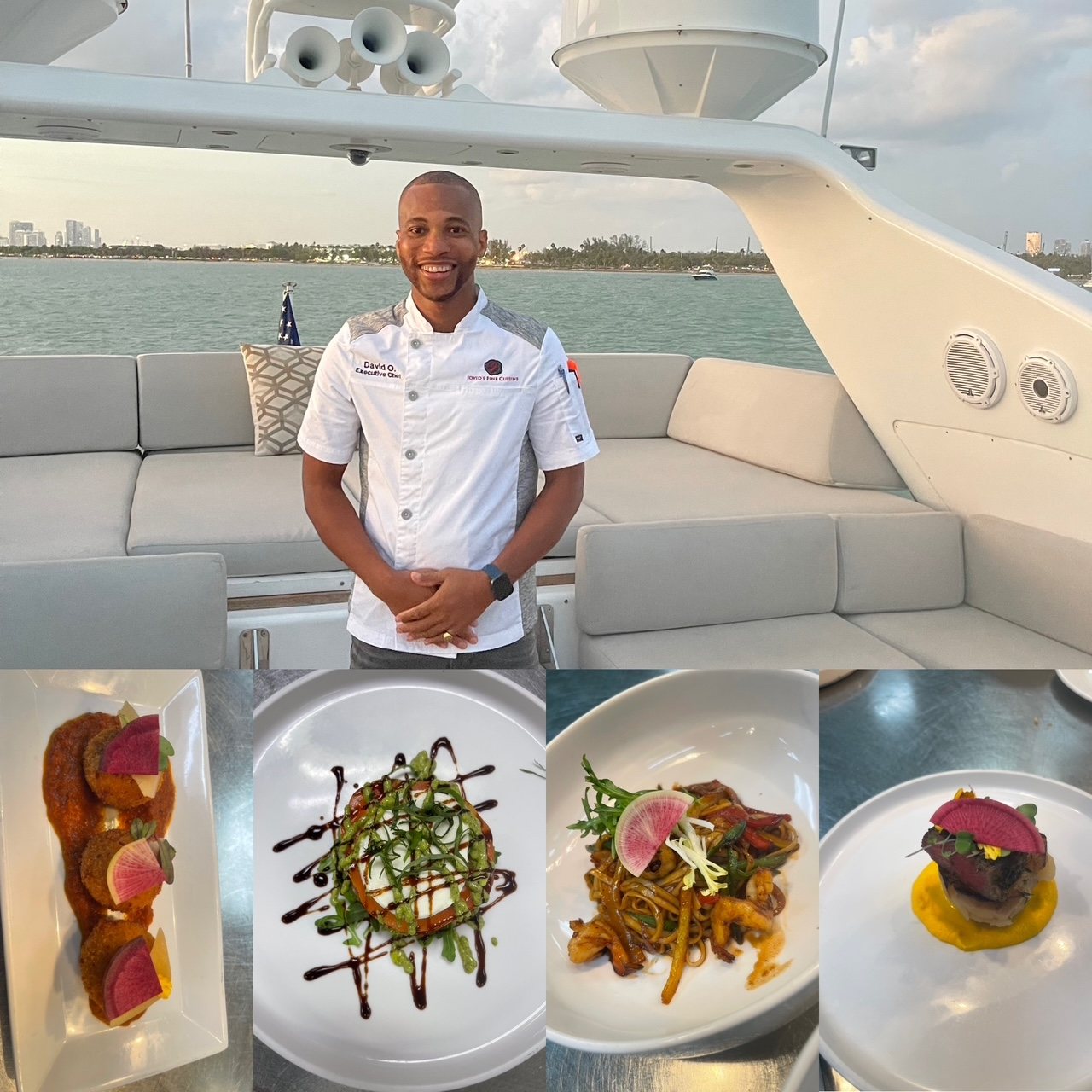 David aboard a private charter with plated courses served to guests